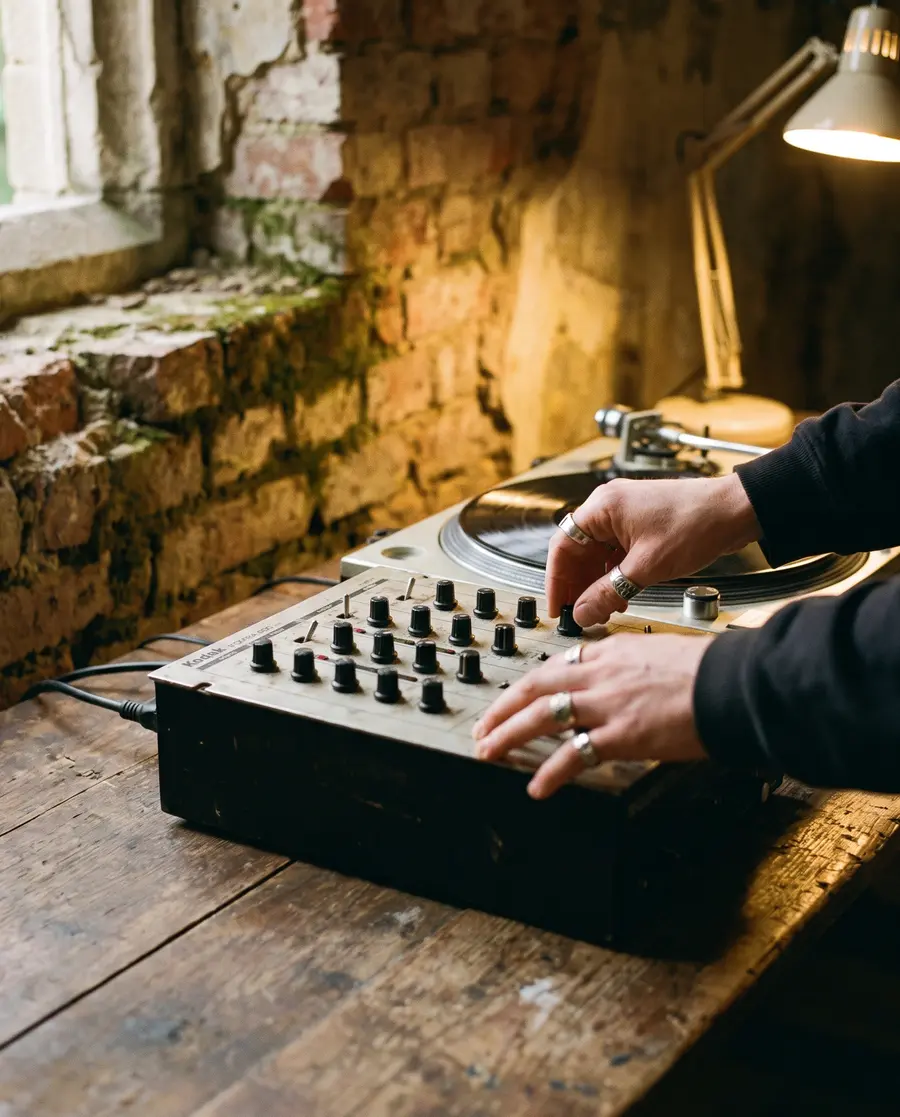 Handen op een mixer en draaitafel tegen een oude bakstenen muur.
