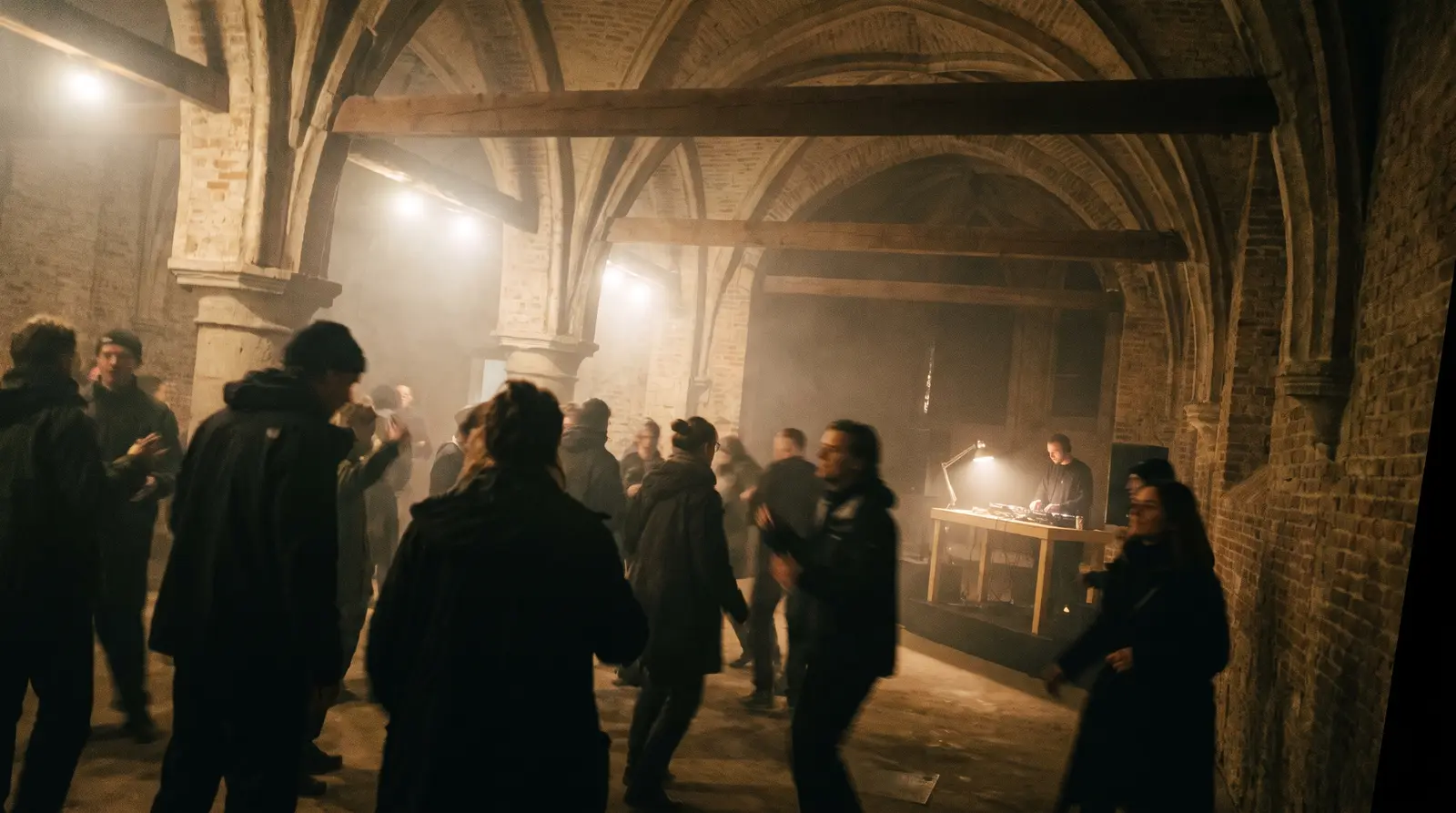 Publiek dat danst onder bakstenen gewelven van een oud gebouw, met achterin een DJ.