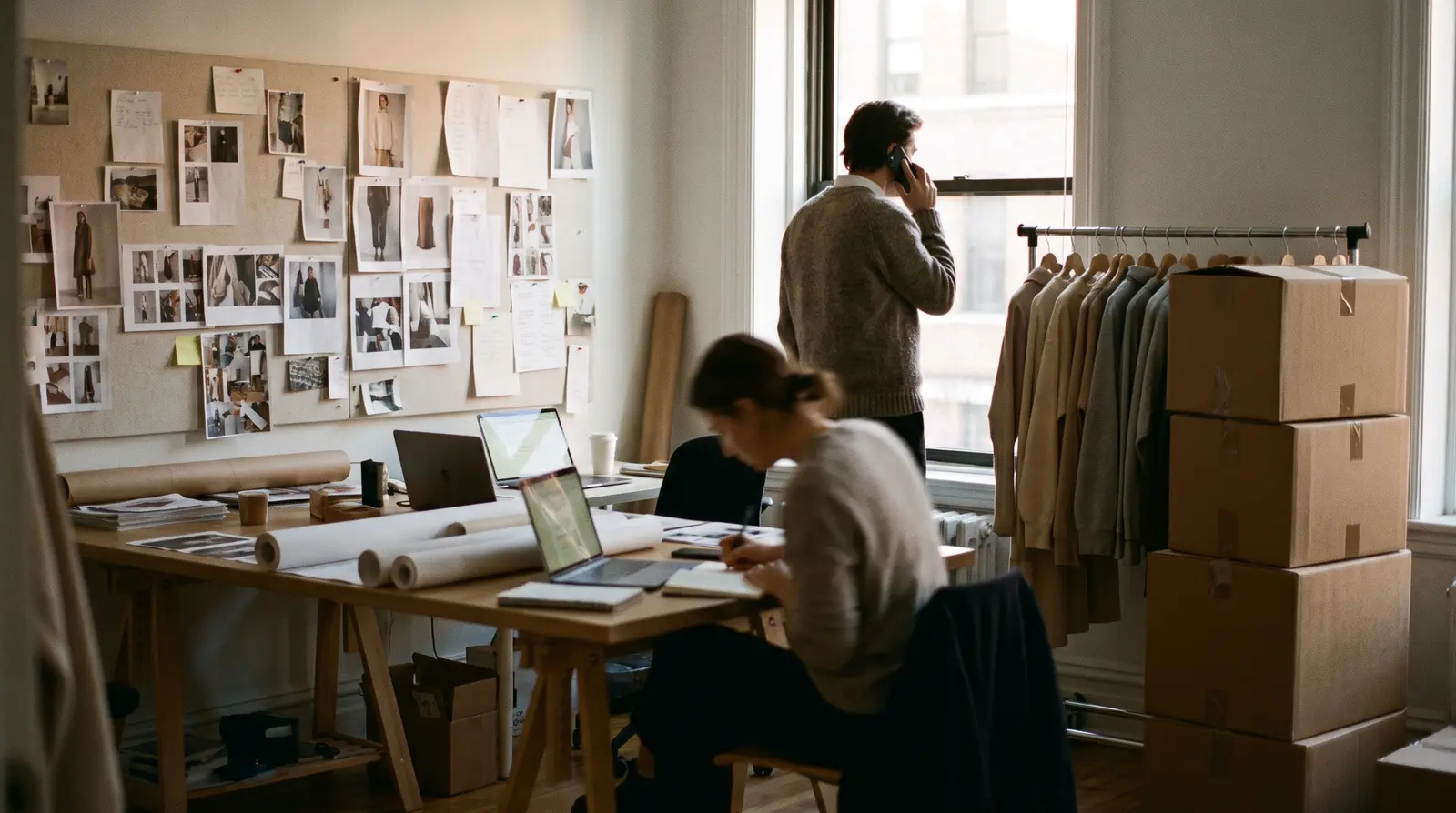Een studio tijdens een planningsdag: foto's op de muur, een kledingrek, dozen klaar voor verzending.